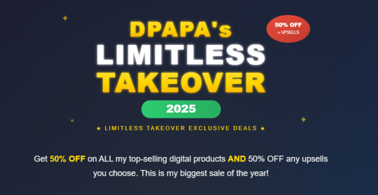 Get 50% OFF on ALL my top-selling digital products AND 50% OFF any upsells you choose. This is my biggest sale of the year!